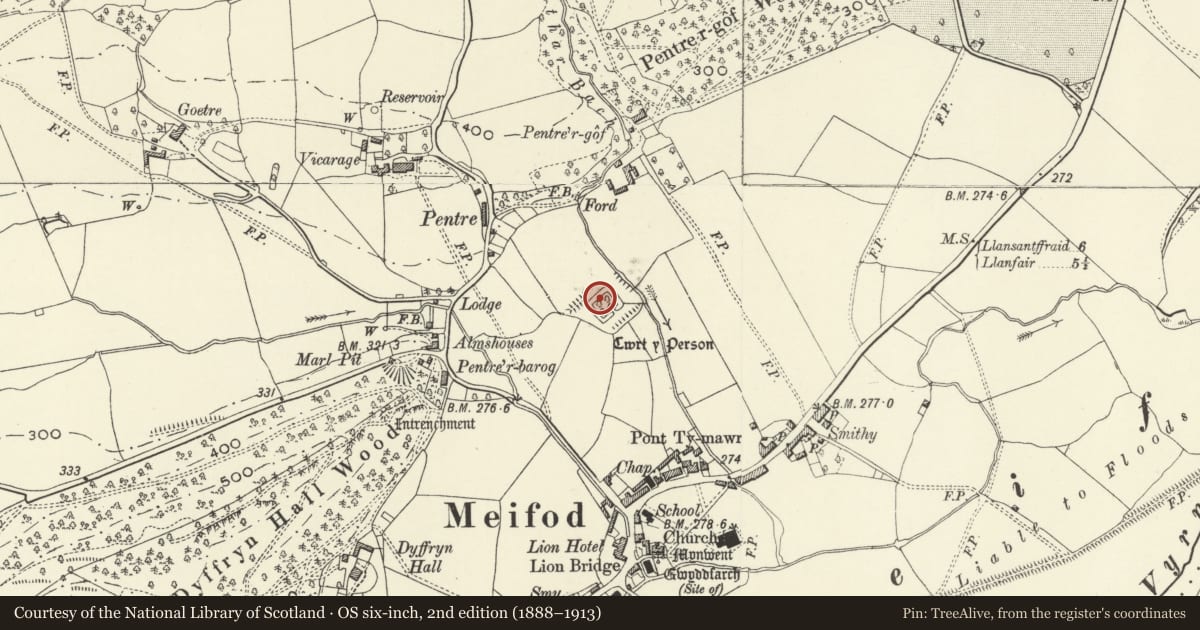 Ordnance Survey six-inch map, 2nd edition (1888–1913) covering the location of Cwrt y Person Moated Site, Meifod, Powys, with a pin at the register's coordinates