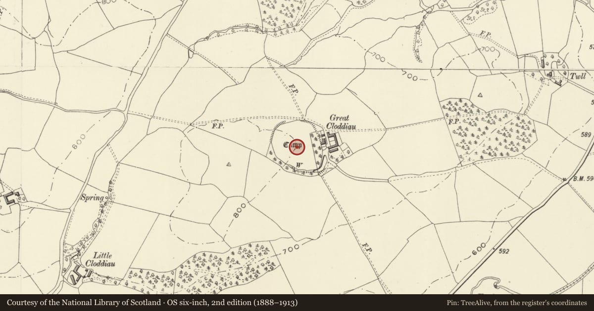 Ordnance Survey six-inch map, 2nd edition (1888–1913) covering the location of Great Cloddiau Camp, Kerry, Powys, with a pin at the register's coordinates