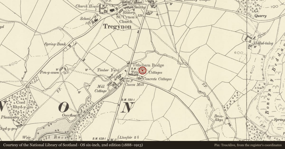 Ordnance Survey six-inch map, 2nd edition (1888–1913) covering the location of Tregynon Moated Site, Powys, with a pin at the register's coordinates