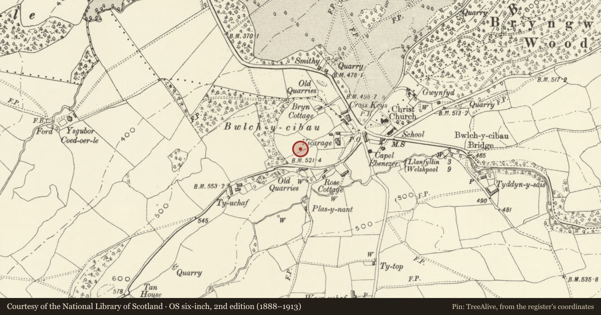 Ordnance Survey six-inch map, 2nd edition (1888–1913) covering the location of Bwlch-y-Cibau Enclosure, Meifod, Powys, with a pin at the register's coordinates