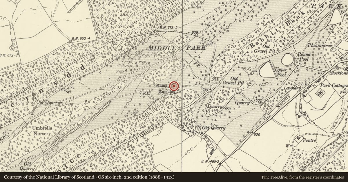 Ordnance Survey six-inch map, 2nd edition (1888–1913) covering the location of Powis Castle Park Mound, Welshpool, Powys, with a pin at the register's coordinates