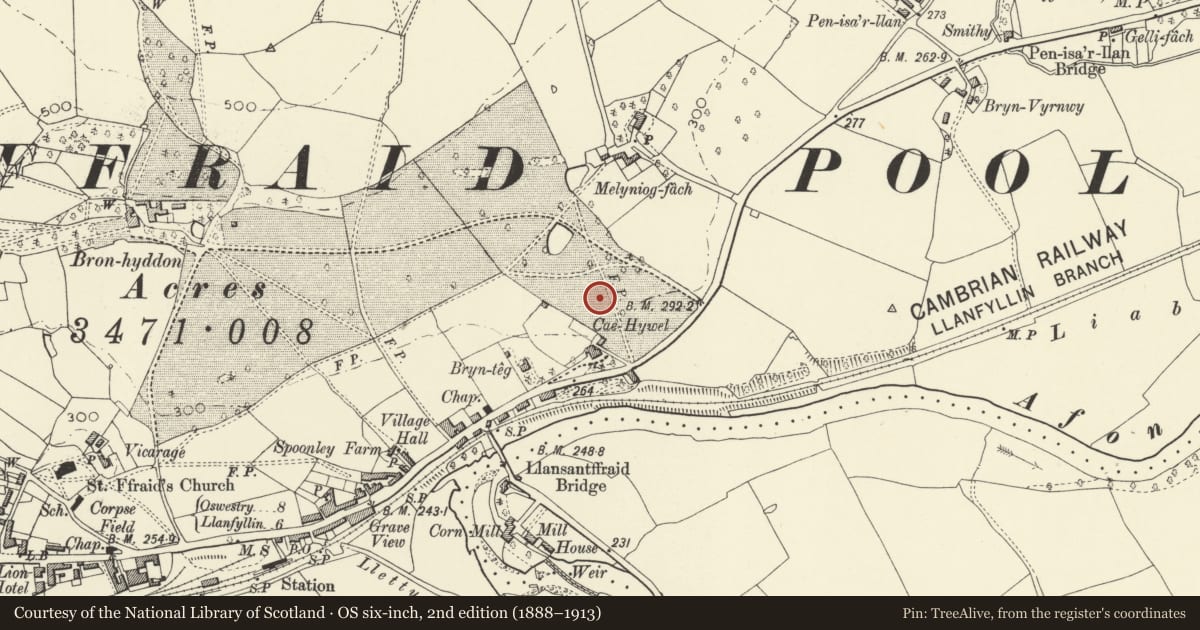 Ordnance Survey six-inch map, 2nd edition (1888–1913) covering the location of Roman Supply Depot, Llansantffraid ym Mechain, Powys, with a pin at the register's coordinates
