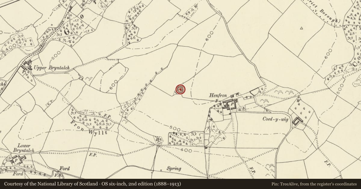 Ordnance Survey six-inch map, 2nd edition (1888–1913) covering the location of Henfron Moated Site, Llandyssil, Powys, with a pin at the register's coordinates