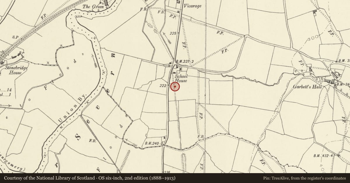 Ordnance Survey six-inch map, 2nd edition (1888–1913) covering the location of Offa's Dyke: South of School House, Trewern, Powys, with a pin at the register's coordinates