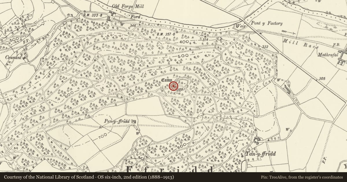 Ordnance Survey six-inch map, 2nd edition (1888–1913) covering the location of Ffridd Mathrafal Hillfort, Llangyniew, Powys, with a pin at the register's coordinates