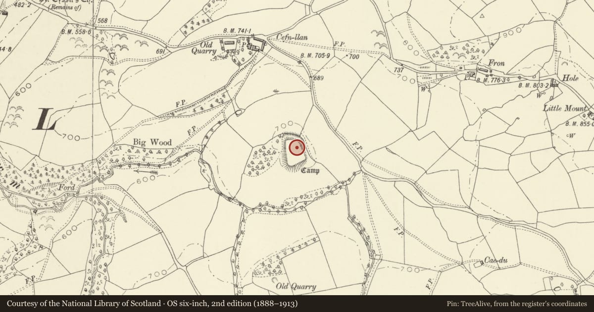 Ordnance Survey six-inch map, 2nd edition (1888–1913) covering the location of Cefn Llan Hillfort, Llandyssil, Powys, with a pin at the register's coordinates