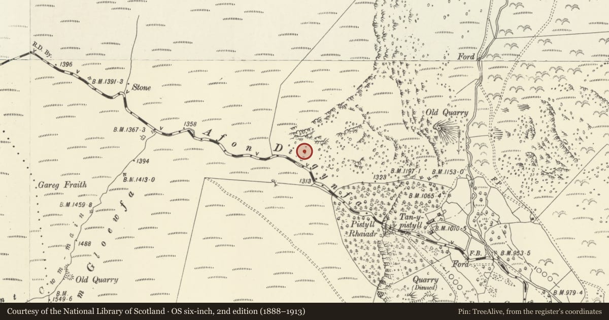Ordnance Survey six-inch map, 2nd edition (1888–1913) covering the location of Afon Disgynfa Cairn, Llanrhaeadr-ym-Mochnant, Powys, with a pin at the register's coordinates