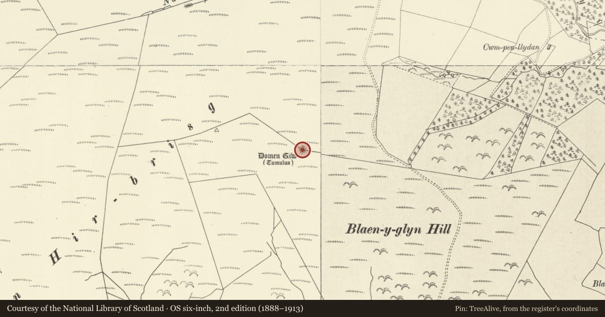 Ordnance Survey six-inch map, 2nd edition (1888–1913) covering the location of Domen Glw Cairn, Llangurig, Powys, with a pin at the register's coordinates