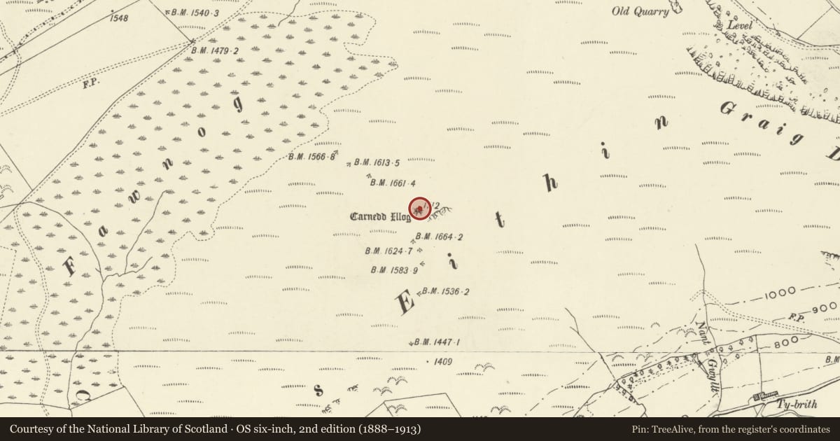 Ordnance Survey six-inch map, 2nd edition (1888–1913) covering the location of Carnedd Das Eithin Round Cairn, Pen-y-bont-Fawr, Powys, with a pin at the register's coordinates