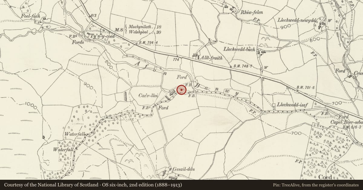 Ordnance Survey six-inch map, 2nd edition (1888–1913) covering the location of Cae'r Lloi Round Barrow, Banwy, Powys, with a pin at the register's coordinates