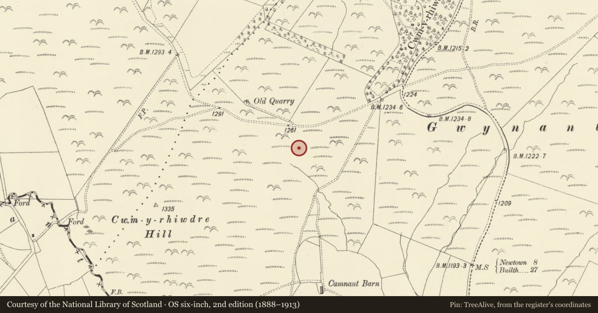 Ordnance Survey six-inch map, 2nd edition (1888–1913) covering the location of Bryn Cwmyrhiwdre Round Barrow, Kerry, Powys, with a pin at the register's coordinates
