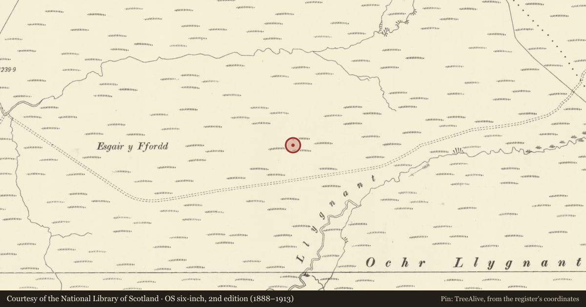 Ordnance Survey six-inch map, 2nd edition (1888–1913) covering the location of Esgair y Ffordd ring cairn, Cadfarch, Powys, with a pin at the register's coordinates