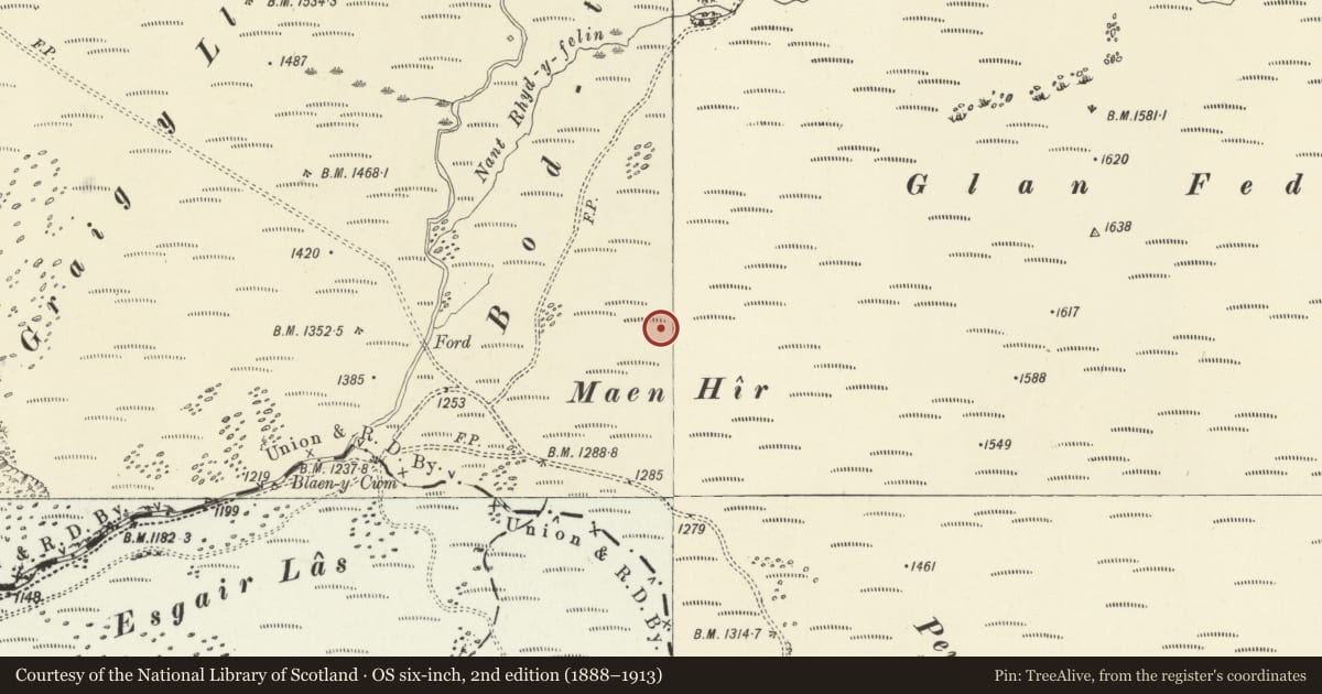 Ordnance Survey six-inch map, 2nd edition (1888–1913) covering the location of Maen Hir cairn cemetery, Rhayader, Powys, with a pin at the register's coordinates