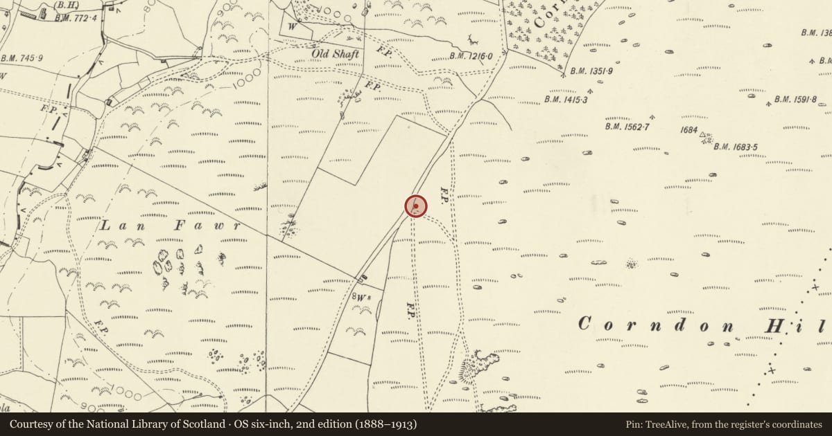 Ordnance Survey six-inch map, 2nd edition (1888–1913) covering the location of Round Barrow on Saddle to E of Corndon Hill, Churchstoke, Powys, with a pin at the register's coordinates