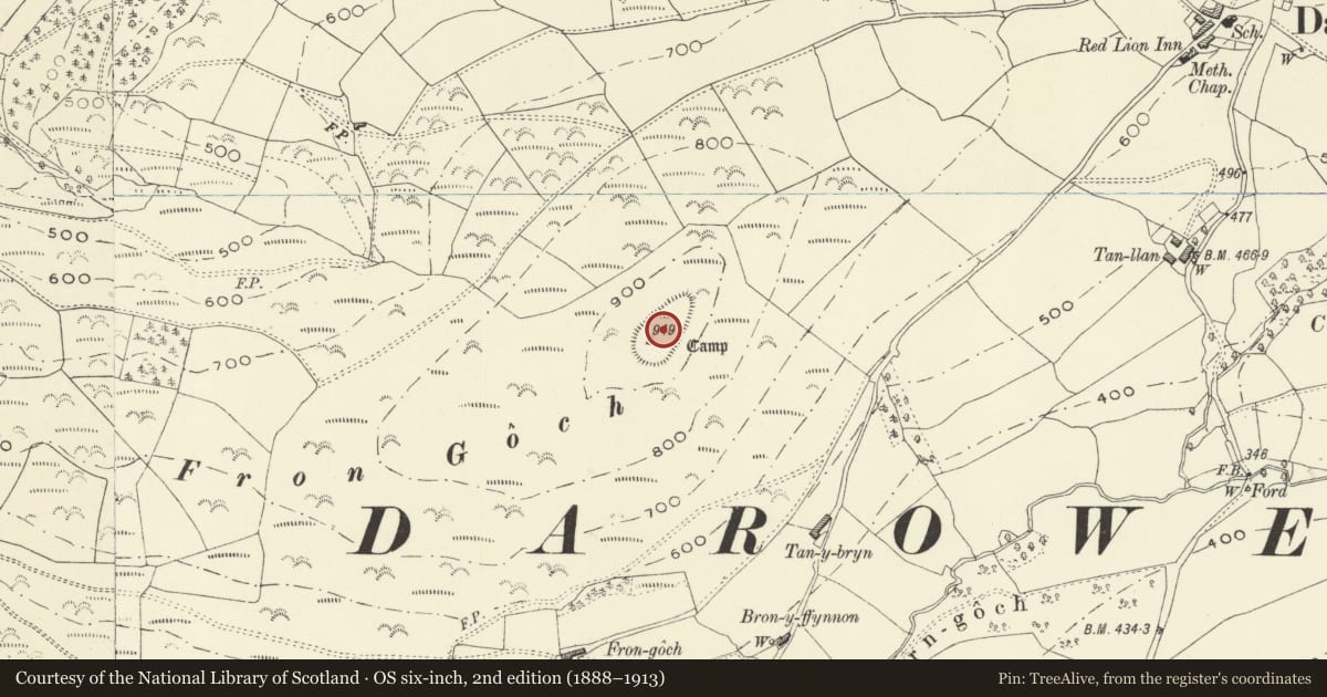 Ordnance Survey six-inch map, 2nd edition (1888–1913) covering the location of Fron Goch hillfort, Glantwymyn, Powys, with a pin at the register's coordinates