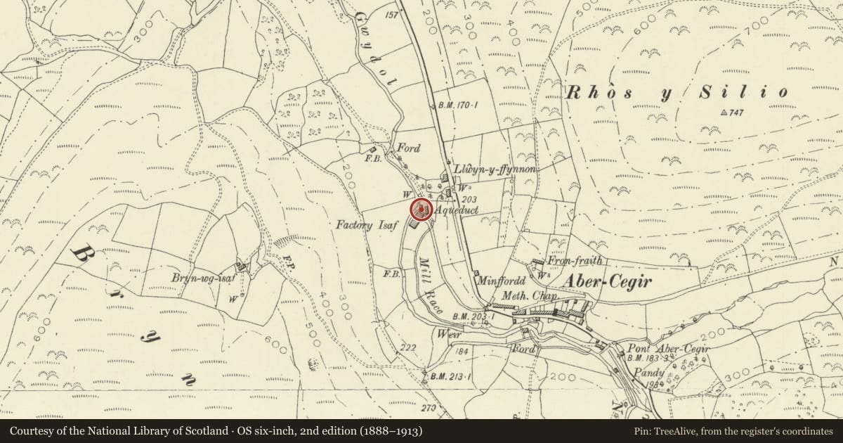 Ordnance Survey six-inch map, 2nd edition (1888–1913) covering the location of Factory-isaf, Abercegir: Fulling mill wheel and machinery, Glantwymyn, Powys, with a pin at the register's coordinates