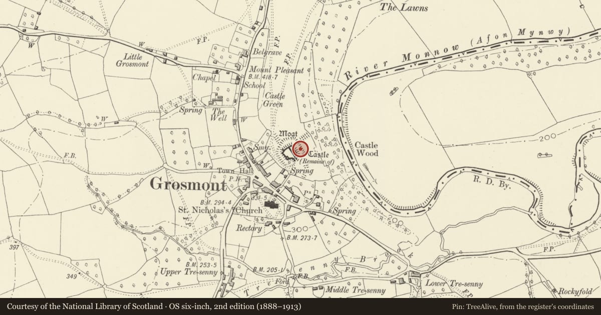 Ordnance Survey six-inch map, 2nd edition (1888–1913) covering the location of Grosmont Castle, Monmouthshire, with a pin at the register's coordinates