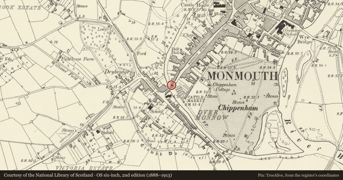 Ordnance Survey six-inch map, 2nd edition (1888–1913) covering the location of Monnow Bridge, Monmouth, Monmouthshire, with a pin at the register's coordinates