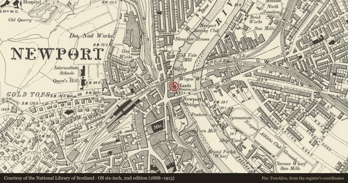 Ordnance Survey six-inch map, 2nd edition (1888–1913) covering the location of Newport Castle, Stow Hill, Newport, with a pin at the register's coordinates