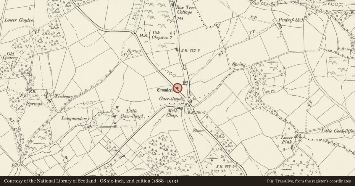 Ordnance Survey six-inch map, 2nd edition (1888–1913) covering the location of Gaer-Llwyd Burial Chamber, Shirenewton, Monmouthshire, with a pin at the register's coordinates