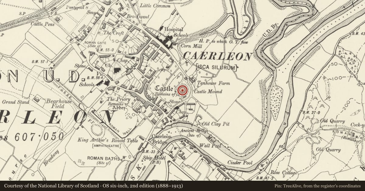 Ordnance Survey six-inch map, 2nd edition (1888–1913) covering the location of Caerleon Castle Mound, Newport, with a pin at the register's coordinates