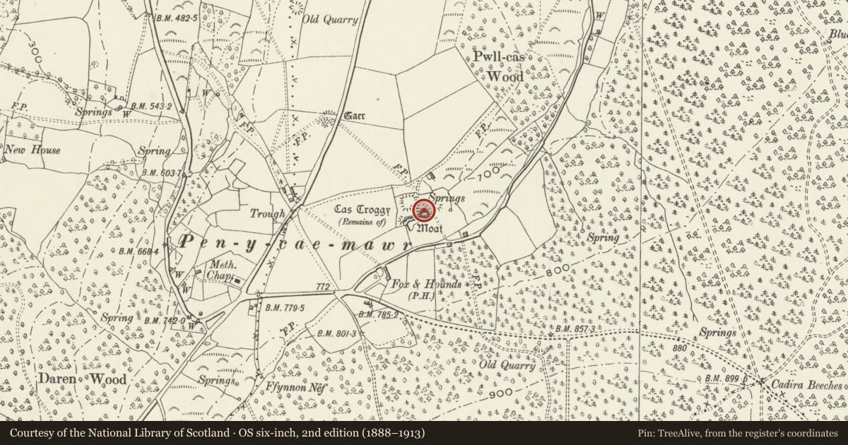 Ordnance Survey six-inch map, 2nd edition (1888–1913) covering the location of Cas Troggy Castle, Shirenewton, Monmouthshire, with a pin at the register's coordinates
