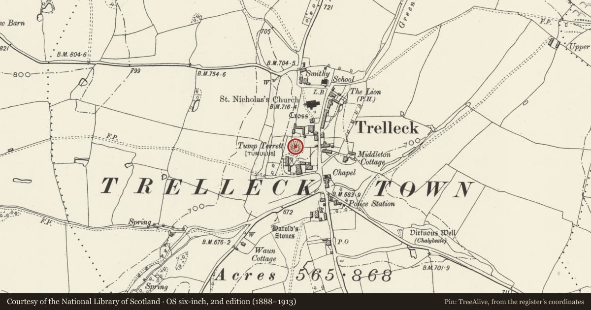 Ordnance Survey six-inch map, 2nd edition (1888–1913) covering the location of Tump Terrett Castle Mound, Trellech United, Monmouthshire, with a pin at the register's coordinates