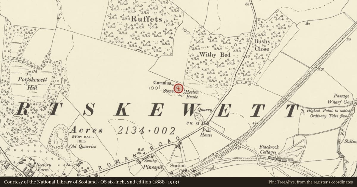 Ordnance Survey six-inch map, 2nd edition (1888–1913) covering the location of Heston Brake Long Barrow, Portskewett, Monmouthshire, with a pin at the register's coordinates