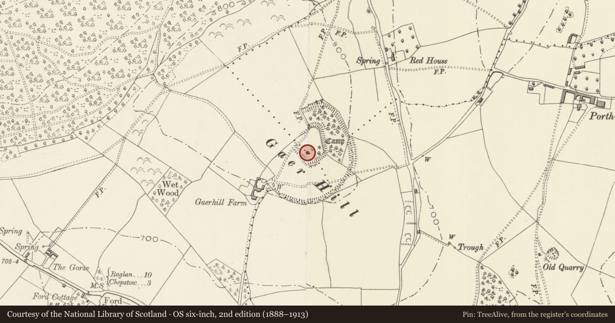 Ordnance Survey six-inch map, 2nd edition (1888–1913) covering the location of Gaer Hill Camp, Penterry, St. Arvans, Monmouthshire, with a pin at the register's coordinates