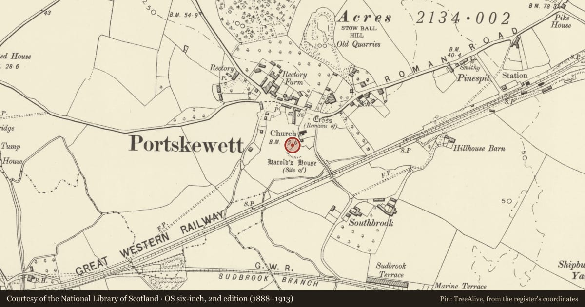 Ordnance Survey six-inch map, 2nd edition (1888–1913) covering the location of Harold's House (site of), Portskewett, Monmouthshire, with a pin at the register's coordinates