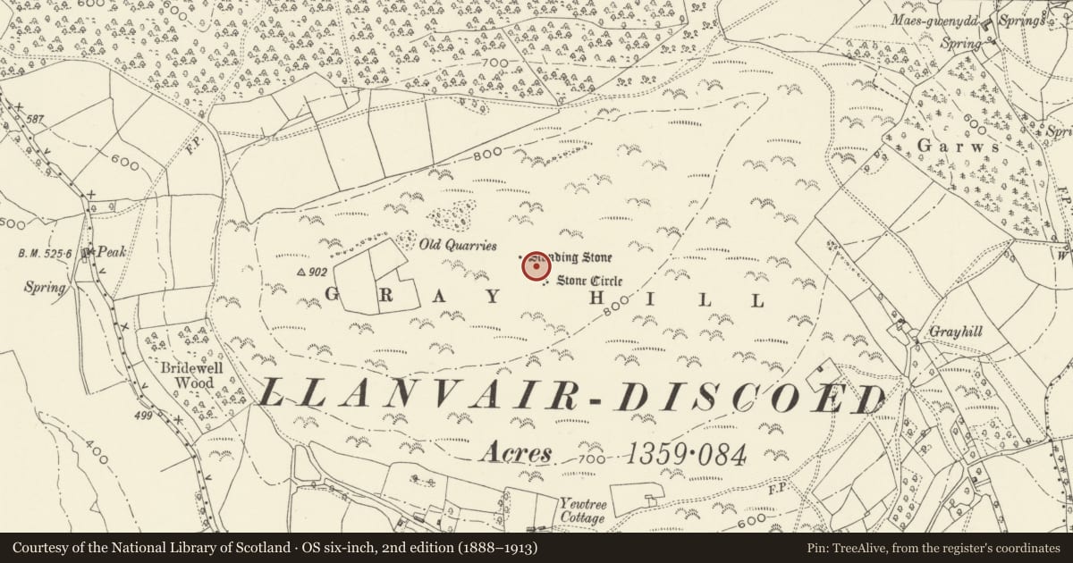 Ordnance Survey six-inch map, 2nd edition (1888–1913) covering the location of Grey Hill Stone Circle, Caerwent, Monmouthshire, with a pin at the register's coordinates