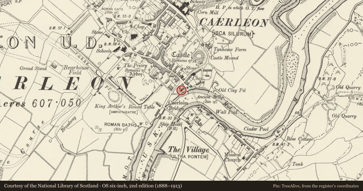 Ordnance Survey six-inch map, 2nd edition (1888–1913) covering the location of Medieval Tower at Hanbury Arms, Caerleon, Newport, with a pin at the register's coordinates