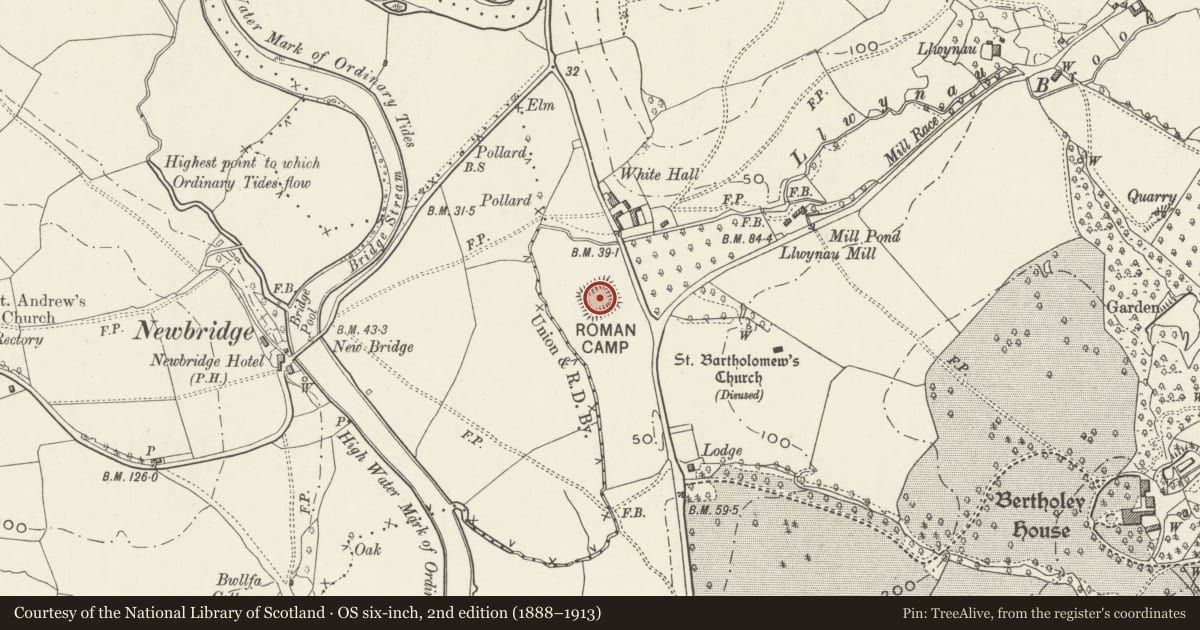 Ordnance Survey six-inch map, 2nd edition (1888–1913) covering the location of Moated Site North West of Bertholey House, Llantrisant Fawr, Monmouthshire, with a pin at the register's coordinates
