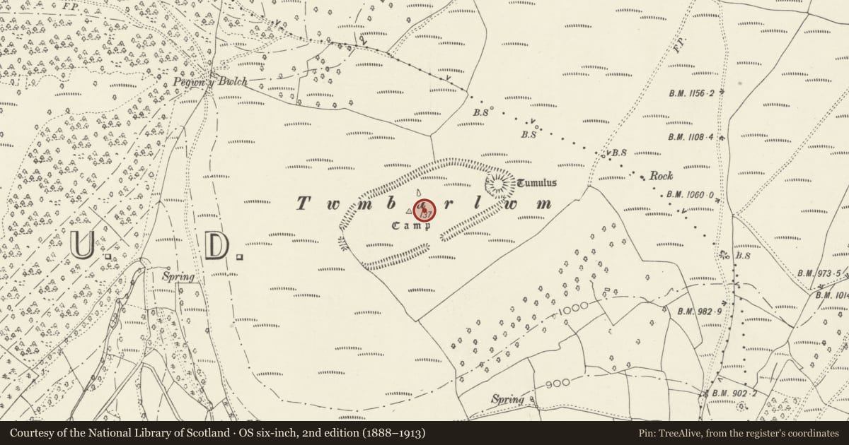 Ordnance Survey six-inch map, 2nd edition (1888–1913) covering the location of Twm-Barlwm Mound and Bailey Castle, Risca, Caerphilly, with a pin at the register's coordinates