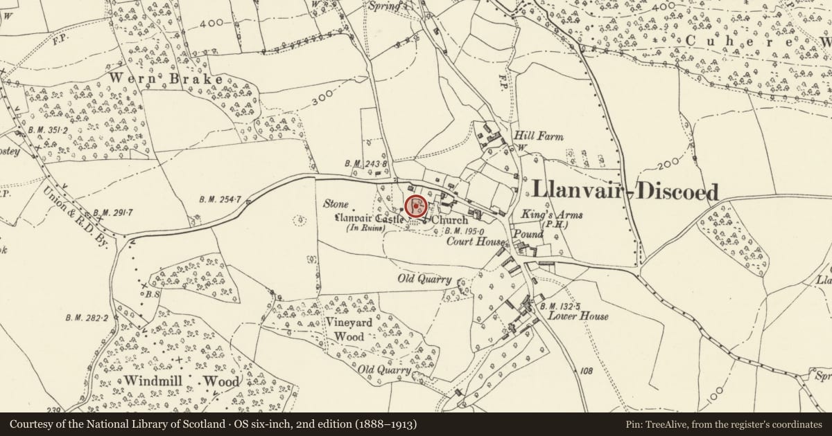 Ordnance Survey six-inch map, 2nd edition (1888–1913) covering the location of Llanvair Castle, Caerwent, Monmouthshire, with a pin at the register's coordinates
