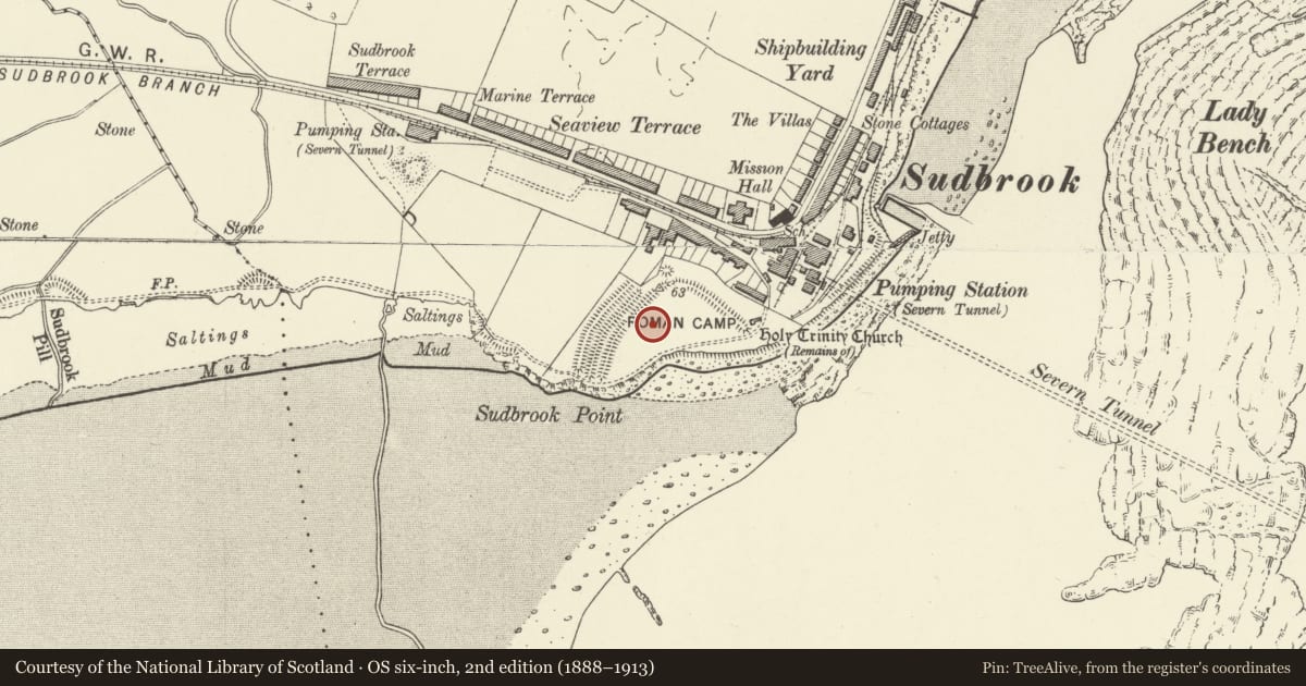 Ordnance Survey six-inch map, 2nd edition (1888–1913) covering the location of Sudbrook Camp and Sudbrook Chapel, Portskewett, Monmouthshire, with a pin at the register's coordinates