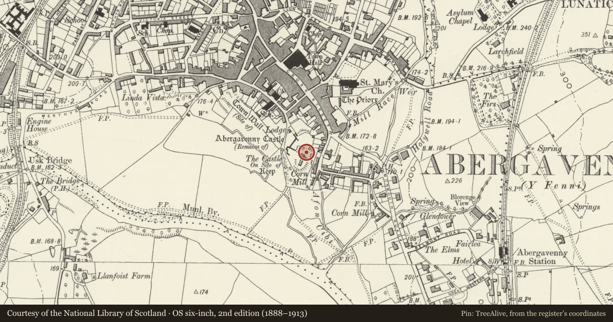 Ordnance Survey six-inch map, 2nd edition (1888–1913) covering the location of Abergavenny Castle, Monmouthshire, with a pin at the register's coordinates
