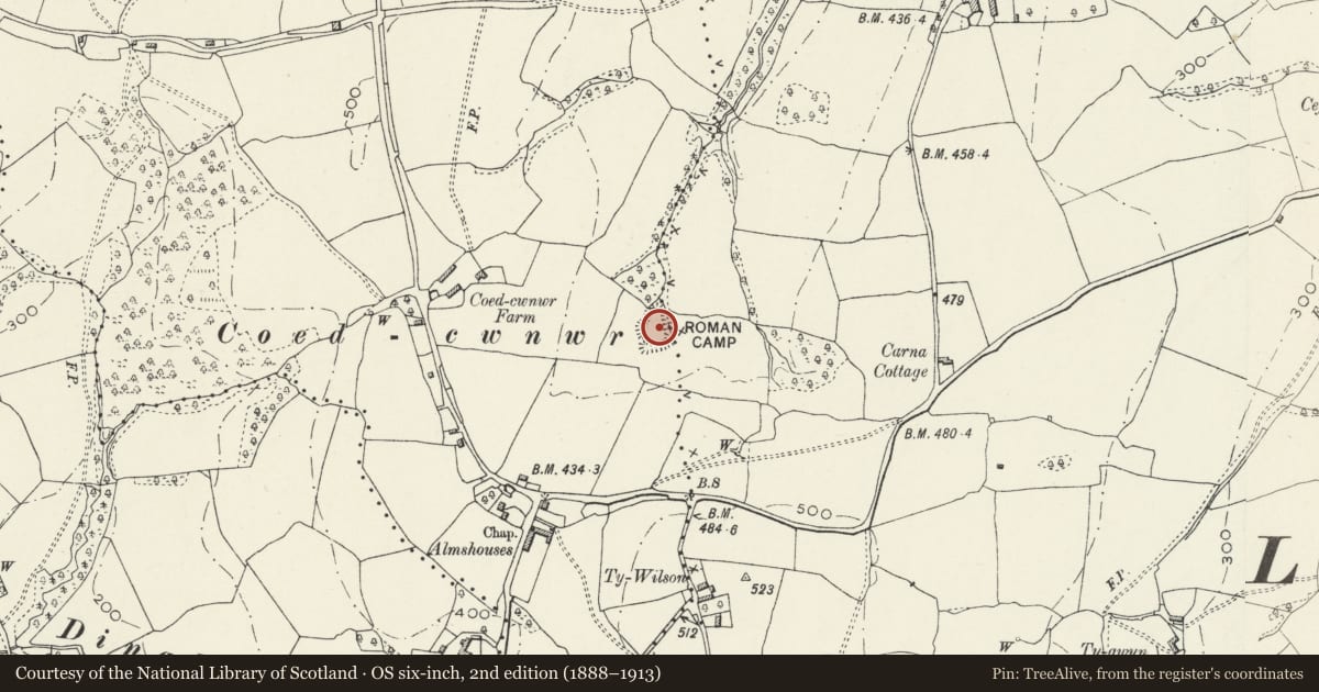 Ordnance Survey six-inch map, 2nd edition (1888–1913) covering the location of Coed-Cwnwr Moated Site, Llangwm, Monmouthshire, with a pin at the register's coordinates