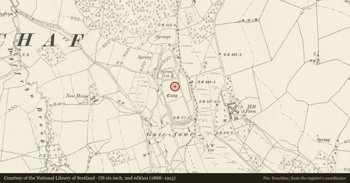 Ordnance Survey six-inch map, 2nd edition (1888–1913) covering the location of Gaer Fawr hillfort, Llangwm, Monmouthshire, with a pin at the register's coordinates