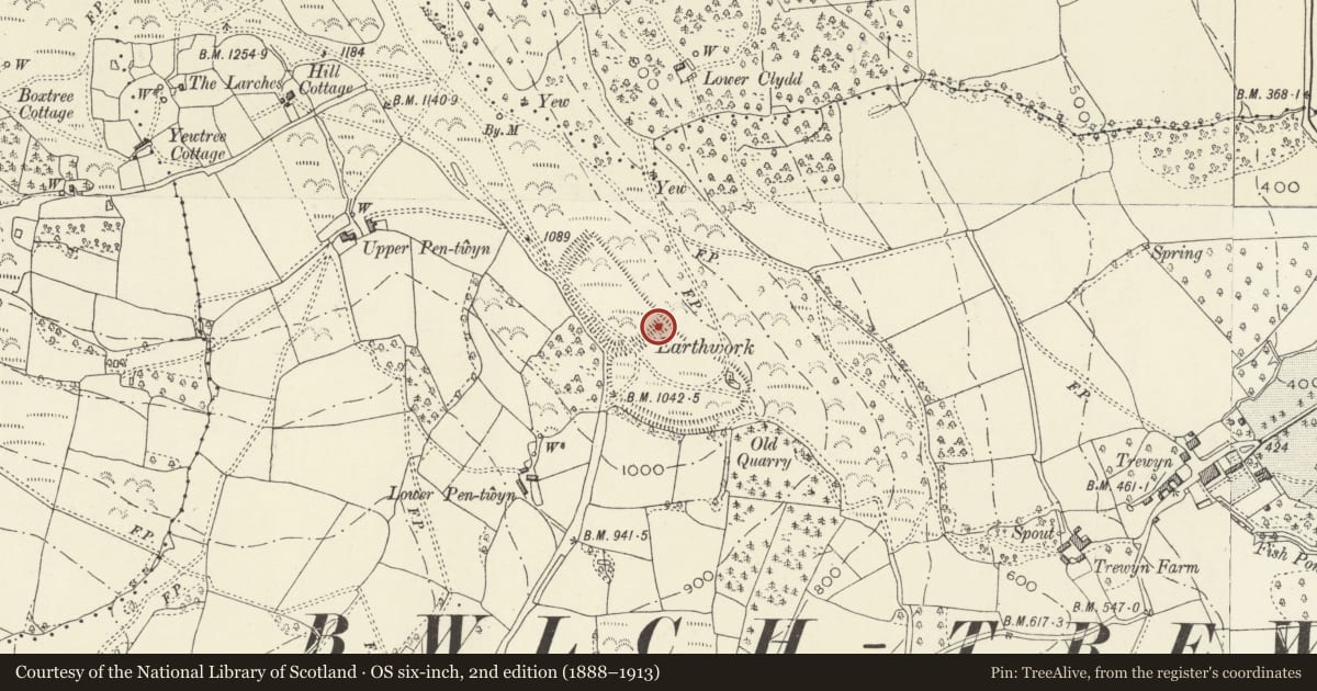Ordnance Survey six-inch map, 2nd edition (1888–1913) covering the location of Pen-Twyn Earthwork, Crucorney, Monmouthshire, with a pin at the register's coordinates