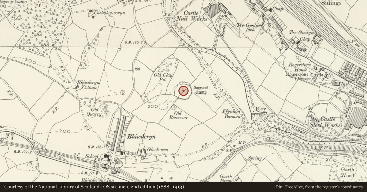 Ordnance Survey six-inch map, 2nd edition (1888–1913) covering the location of Ringwork 225m North East of Rhiwderyn, Graig, Newport, with a pin at the register's coordinates