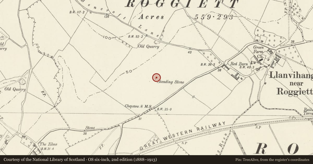 Ordnance Survey six-inch map, 2nd edition (1888–1913) covering the location of Standing Stone 252m South of Bencroft Lane, Rogiet, Monmouthshire, with a pin at the register's coordinates