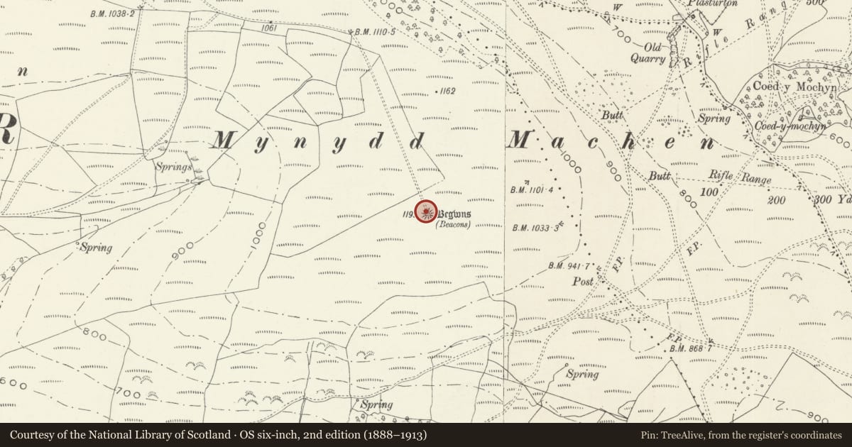 Ordnance Survey six-inch map, 2nd edition (1888–1913) covering the location of Begwns Round Barrow, Mynydd Machen, Bedwas, Trethomas and Machen, Caerphilly, with a pin at the register's coordinates
