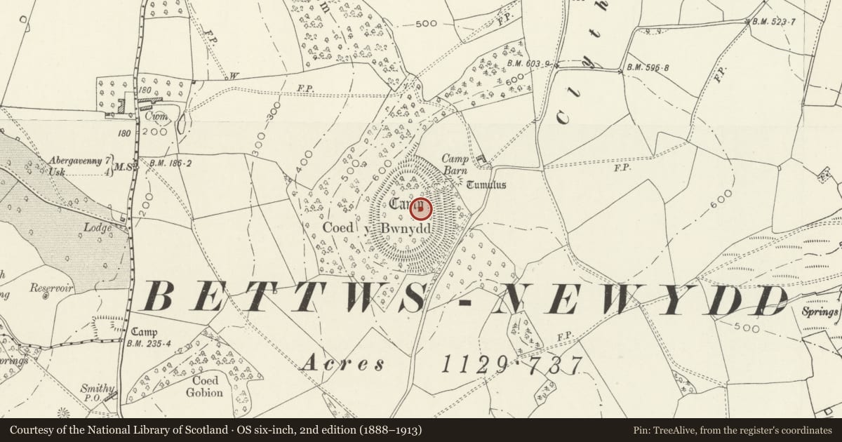 Ordnance Survey six-inch map, 2nd edition (1888–1913) covering the location of Coed y Bwnydd Camp, Llanarth, Monmouthshire, with a pin at the register's coordinates