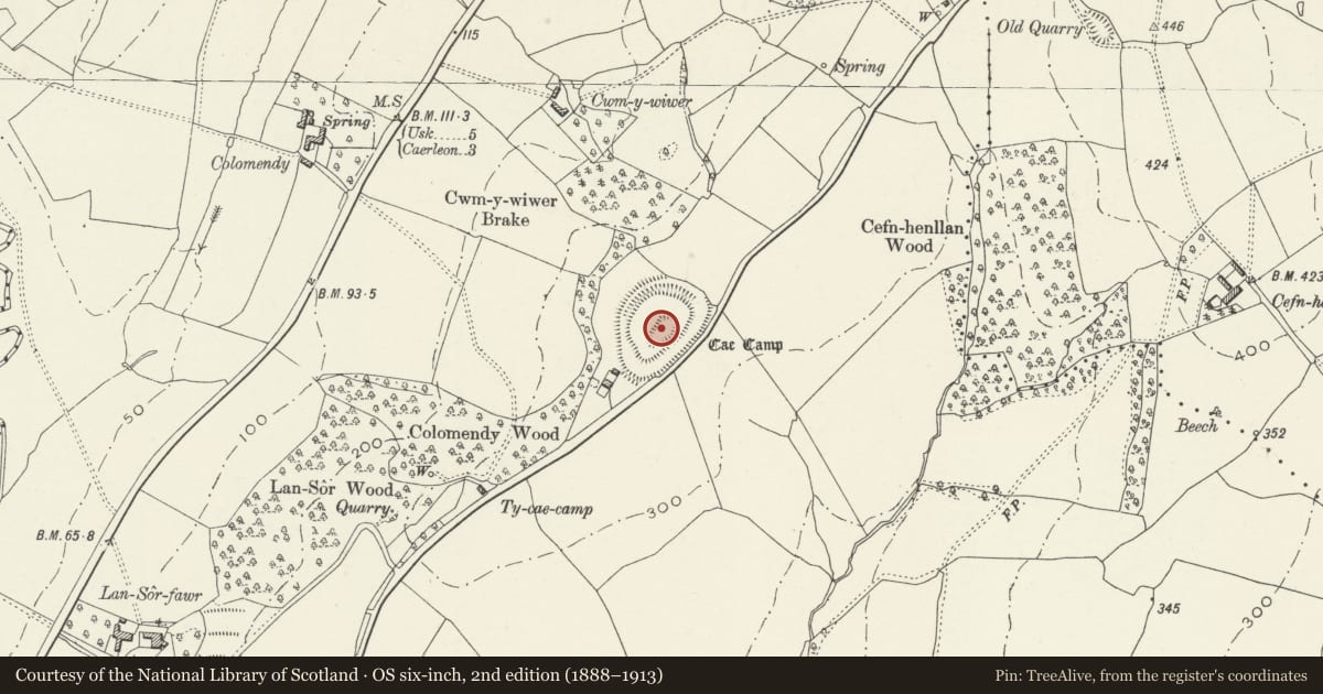 Ordnance Survey six-inch map, 2nd edition (1888–1913) covering the location of Cae Camp, Llanhennock, Monmouthshire, with a pin at the register's coordinates