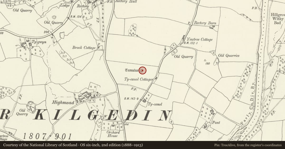 Ordnance Survey six-inch map, 2nd edition (1888–1913) covering the location of Round Barrow 180m North of Ty-Canol, Llanover, Monmouthshire, with a pin at the register's coordinates