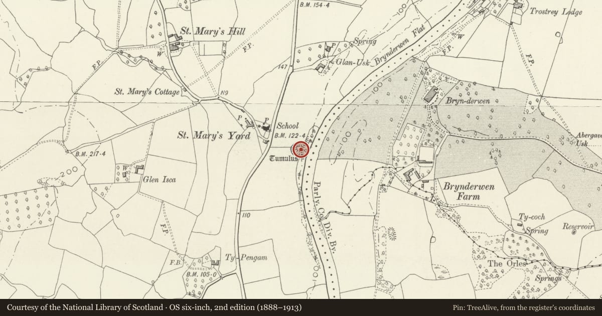 Ordnance Survey six-inch map, 2nd edition (1888–1913) covering the location of St Mary's Yard Castle Mound, Llanover, Monmouthshire, with a pin at the register's coordinates
