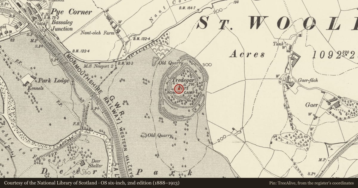 Ordnance Survey six-inch map, 2nd edition (1888–1913) covering the location of Tredegar Fort, Gaer, Newport, with a pin at the register's coordinates