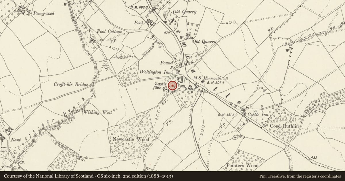 Ordnance Survey six-inch map, 2nd edition (1888–1913) covering the location of Newcastle Castle, Llangattock-Vibon-Avel, Monmouthshire, with a pin at the register's coordinates