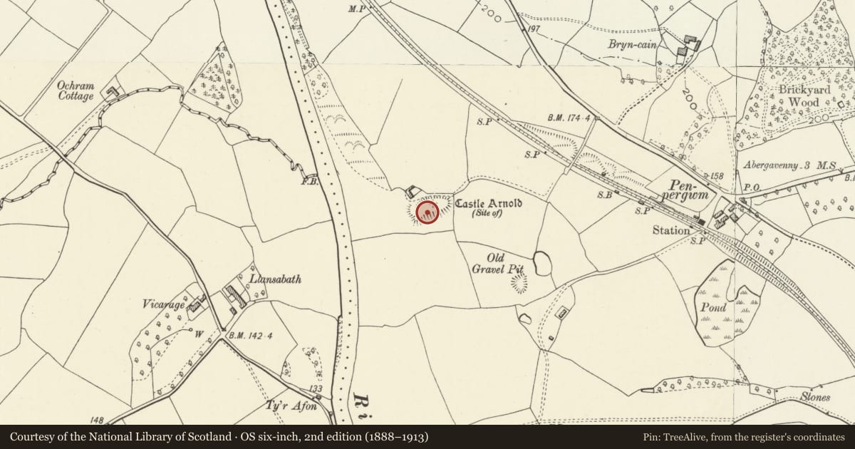 Ordnance Survey six-inch map, 2nd edition (1888–1913) covering the location of Castle Arnold, Llanover, Monmouthshire, with a pin at the register's coordinates